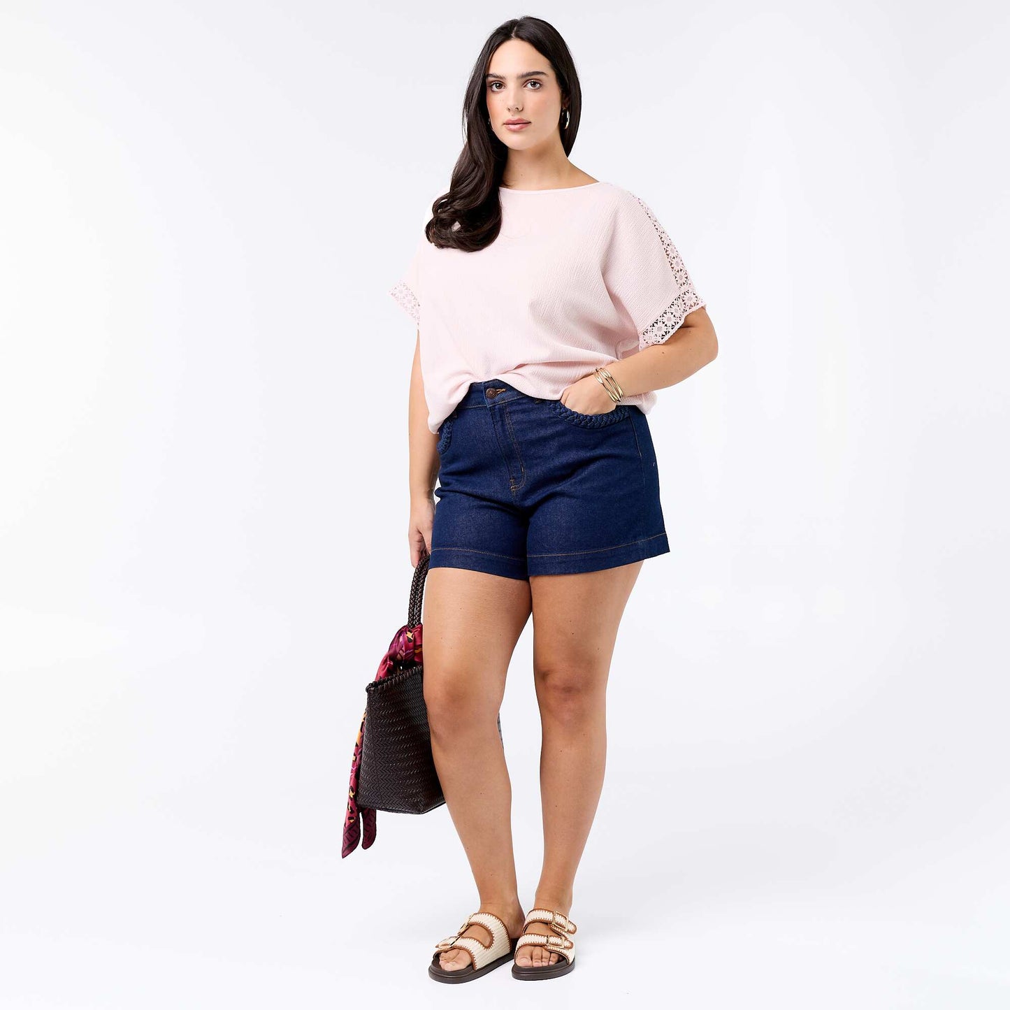 Solid T-shirt with Embroidered & Macramé Sleeves PINK