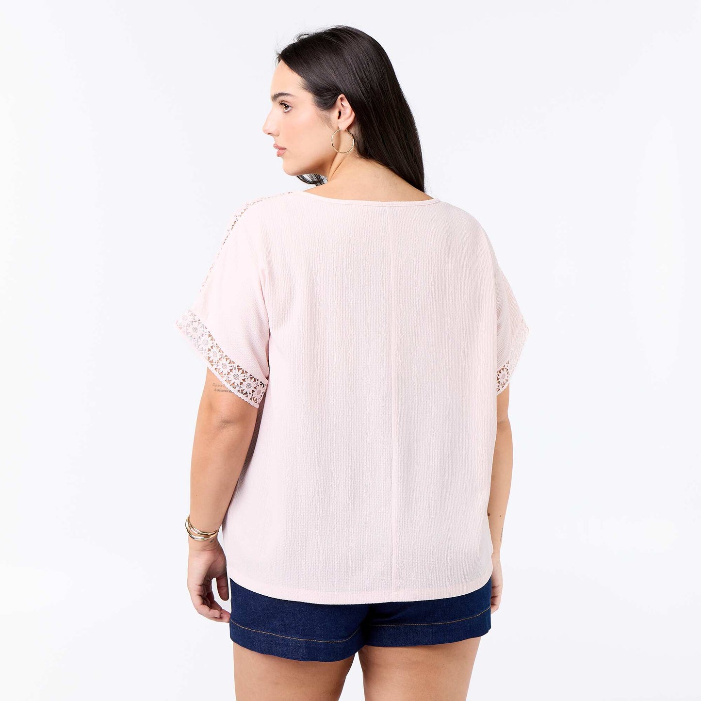 Solid T-shirt with Embroidered & Macramé Sleeves PINK