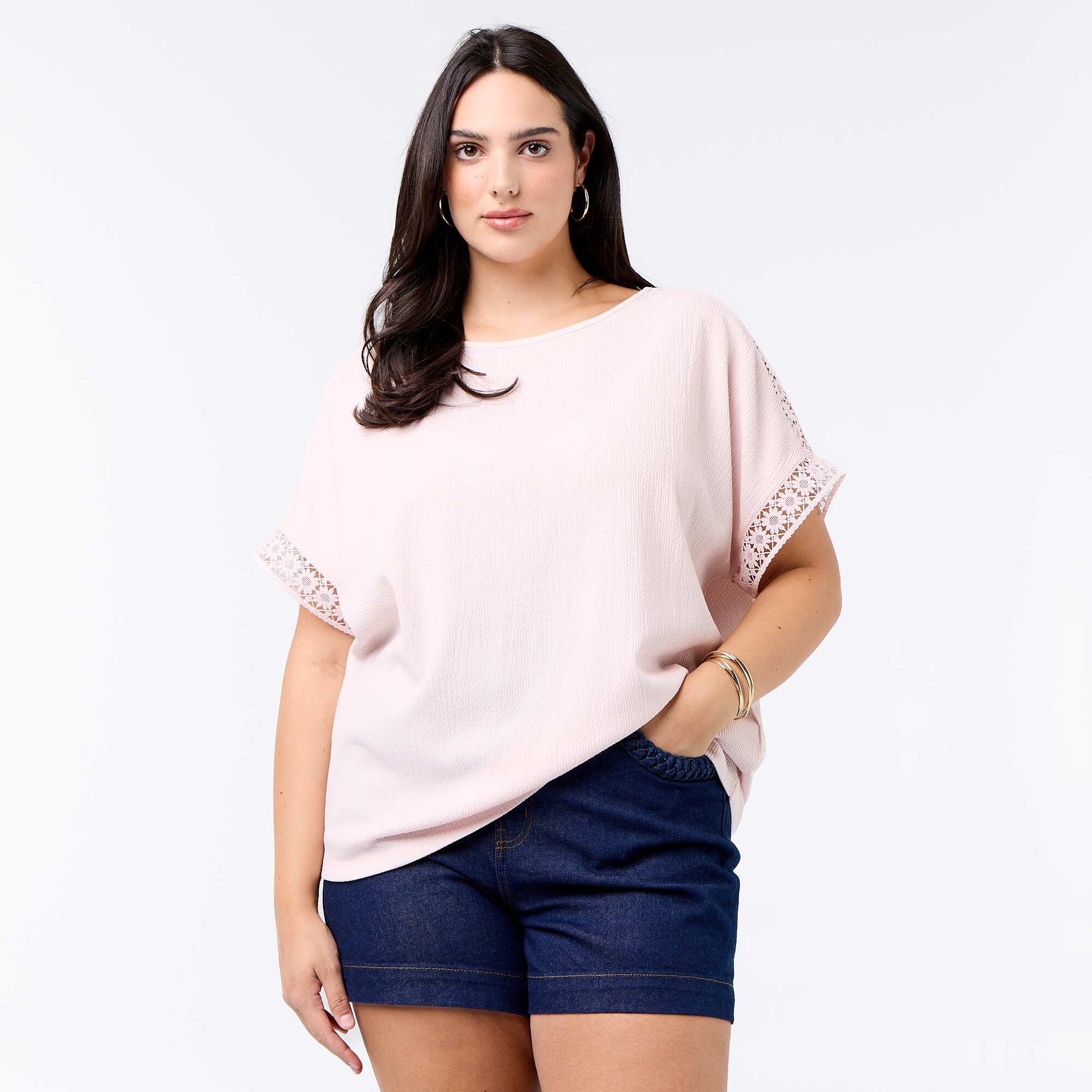 Solid T-shirt with Embroidered & Macramé Sleeves PINK