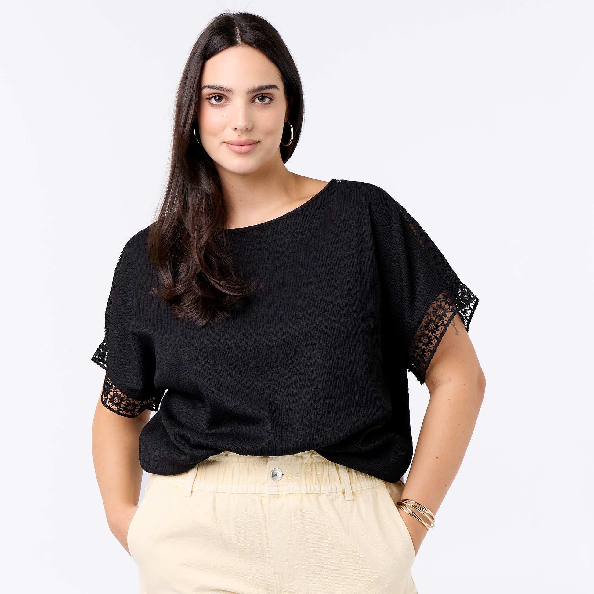 Solid T-shirt with Embroidered & Macramé Sleeves BLACK