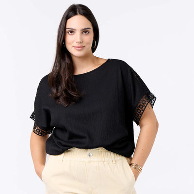 Solid T-shirt with Embroidered & Macramé Sleeves BLACK