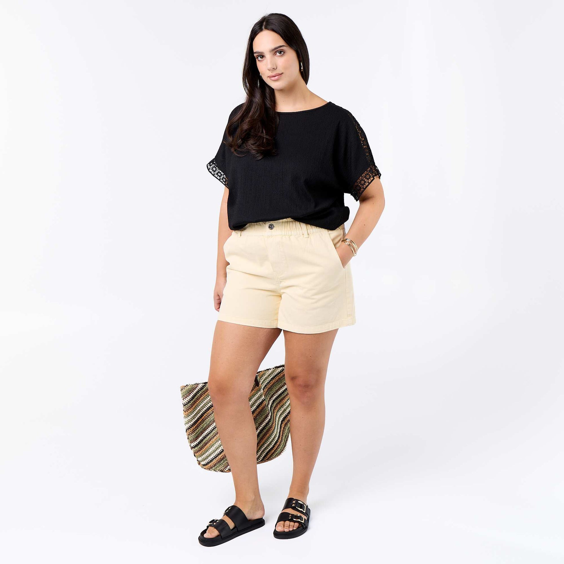 Solid T-shirt with Embroidered & Macramé Sleeves BLACK