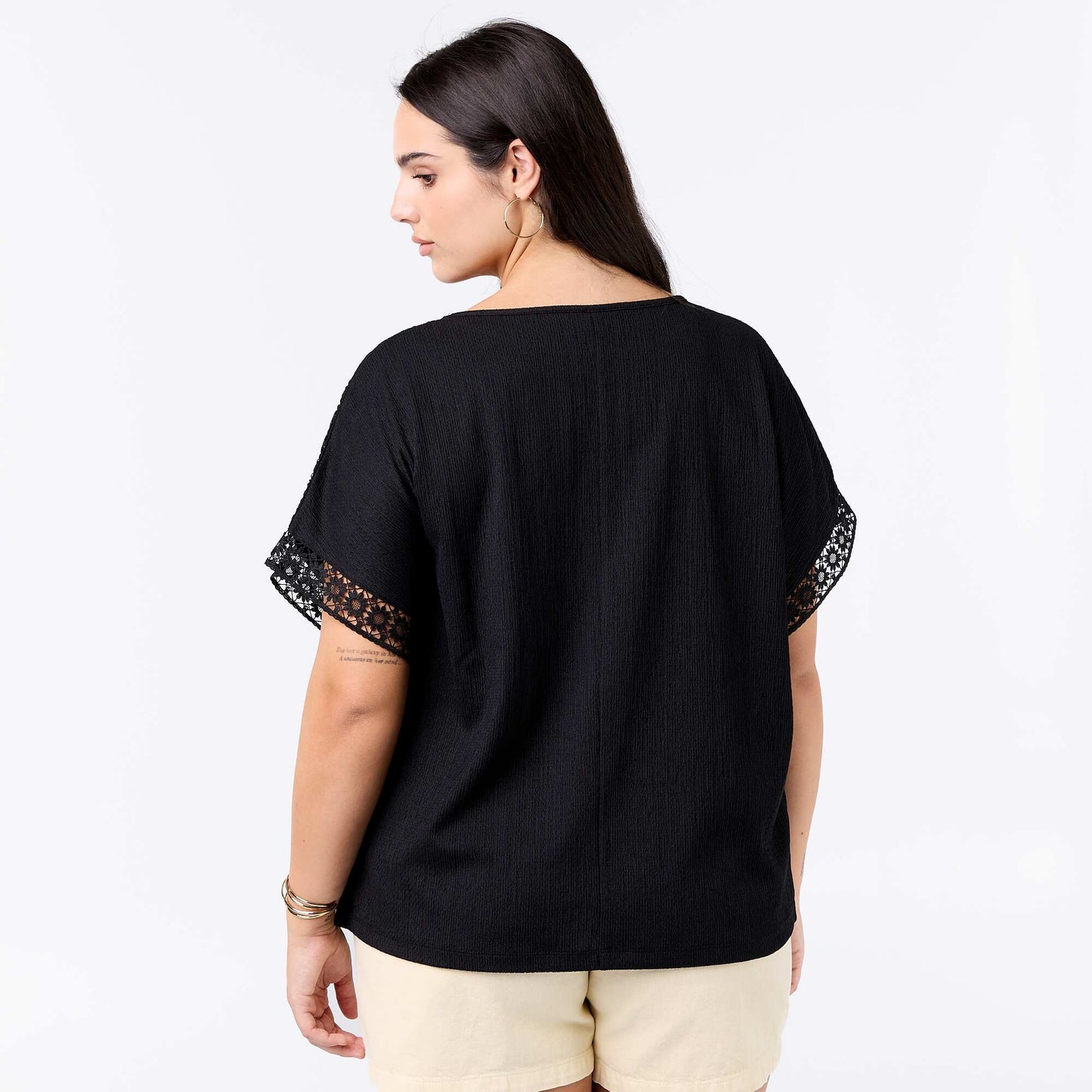 Solid T-shirt with Embroidered & Macramé Sleeves BLACK