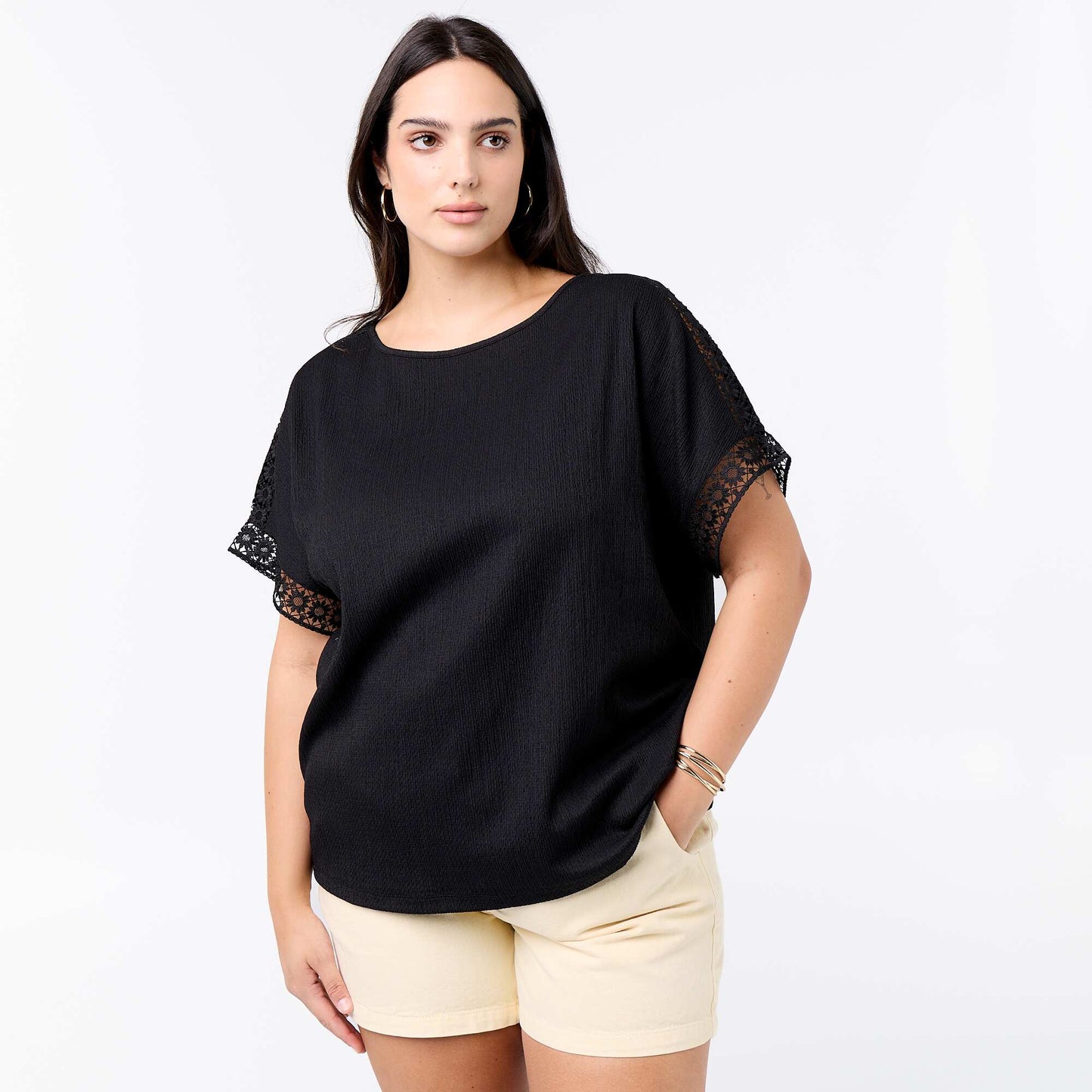 Solid T-shirt with Embroidered & Macramé Sleeves BLACK