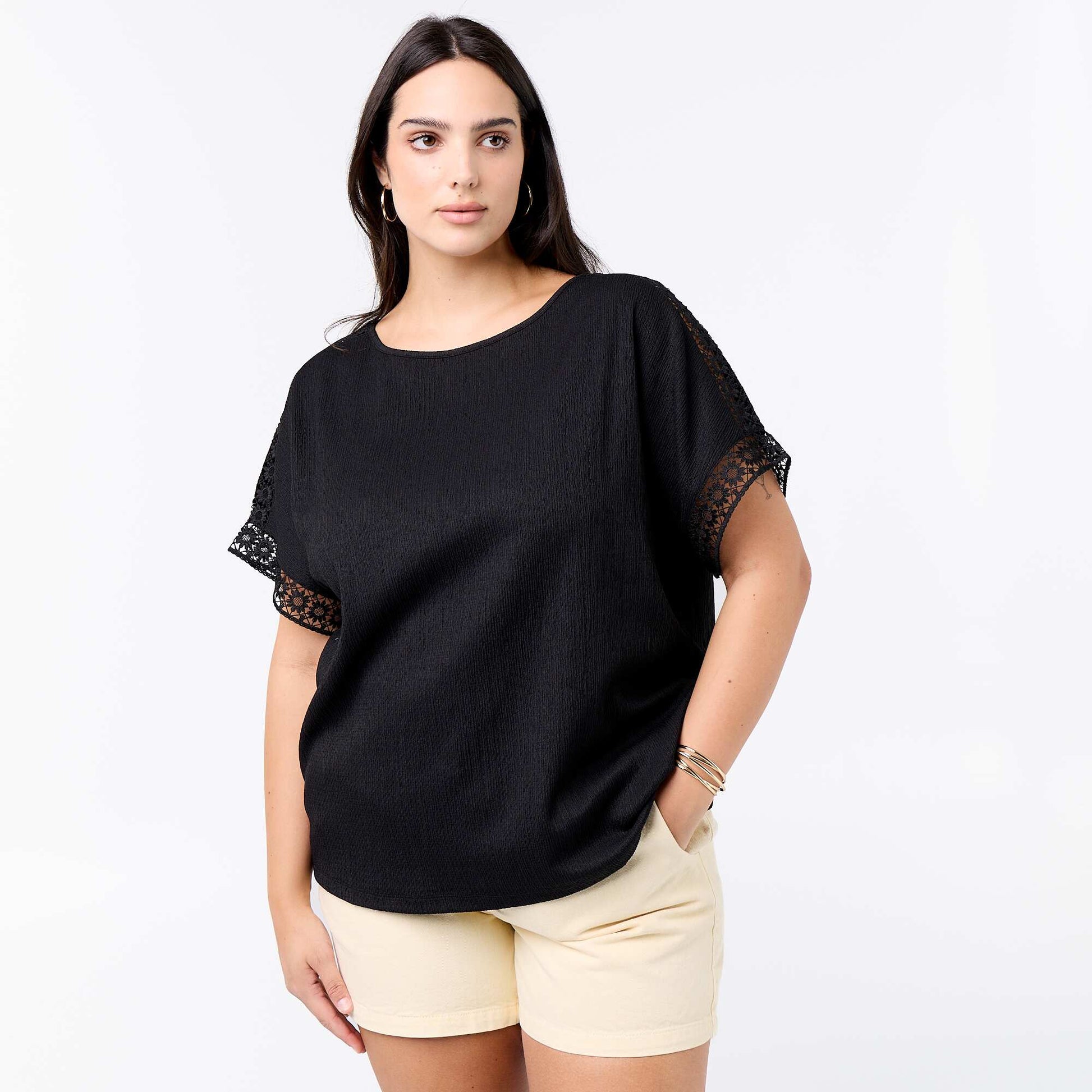 Solid T-shirt with Embroidered & Macramé Sleeves BLACK