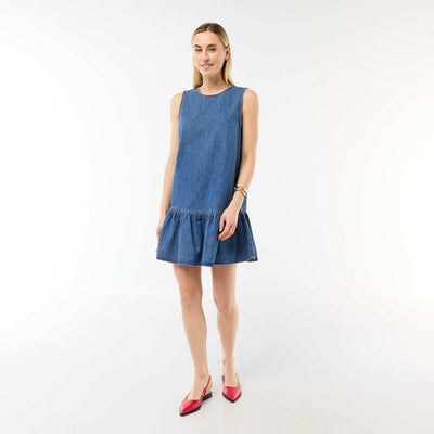 Sleeveless Denim Dress with Flared Hem BLUE
