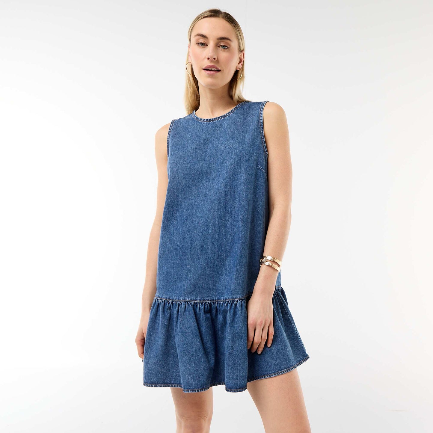 Sleeveless Denim Dress with Flared Hem BLUE