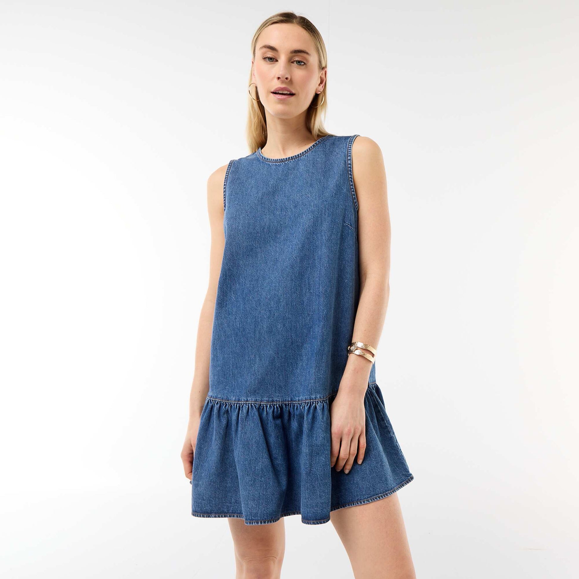 Sleeveless Denim Dress with Flared Hem BLUE