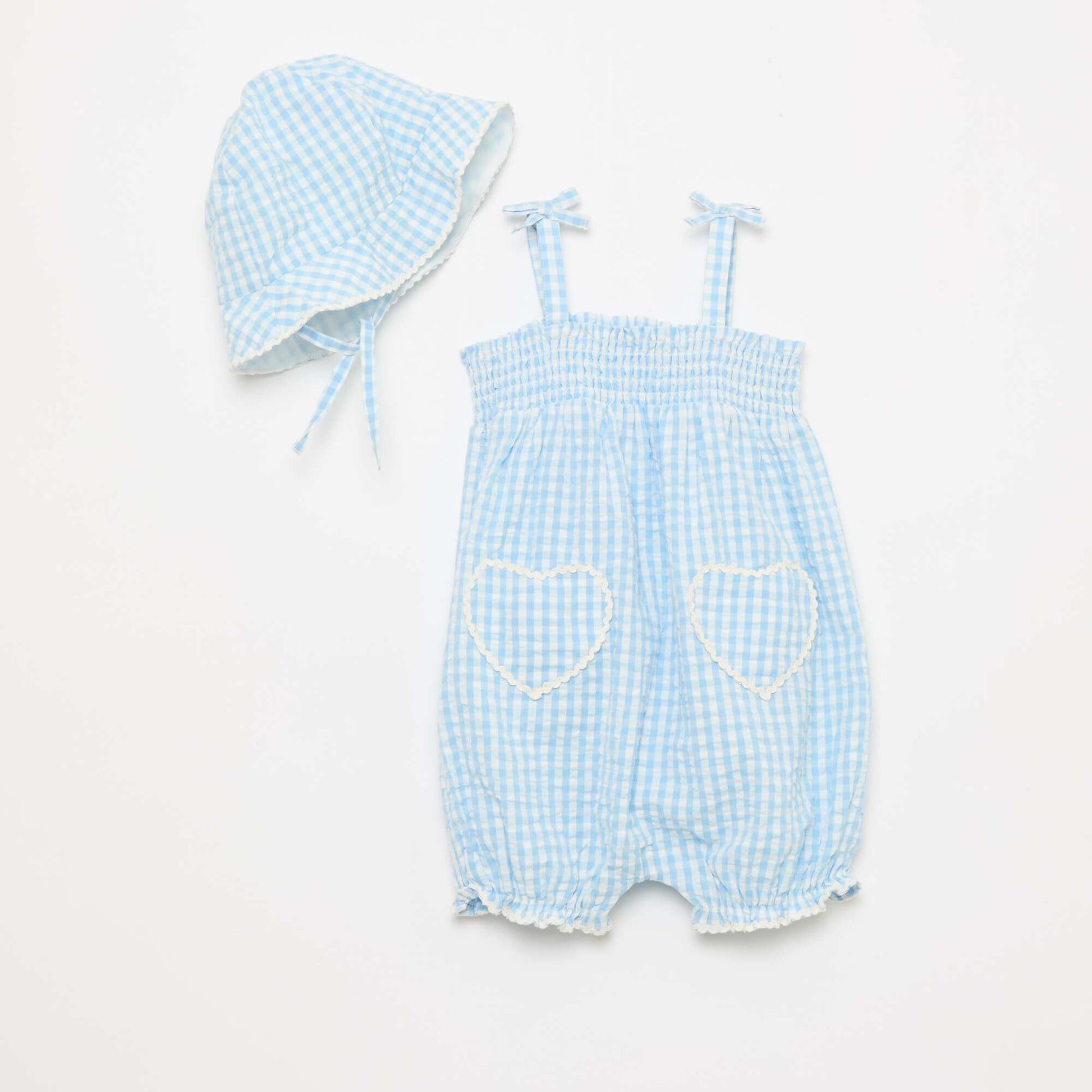 Gingham Romper + Bucket Hat Set - 2 pieces WHITE