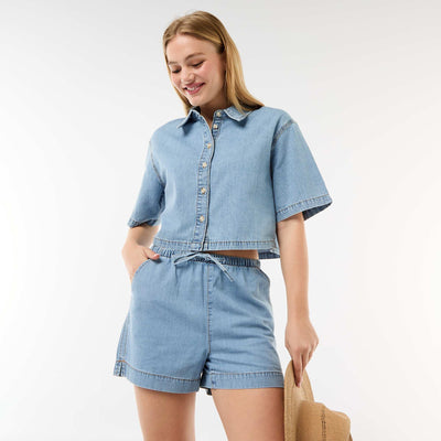 Elasticated Waist Denim Shorts BLUE