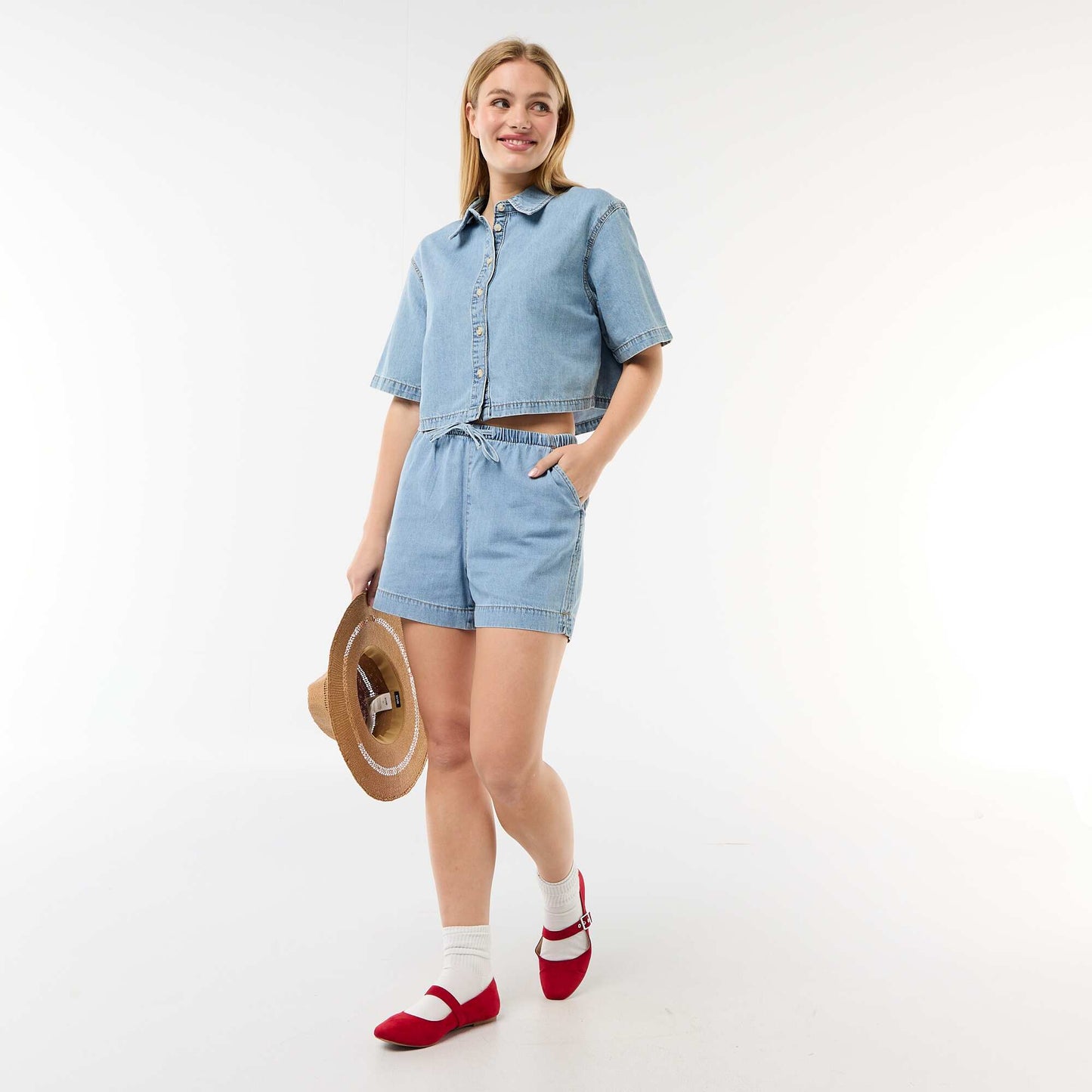 Elasticated Waist Denim Shorts BLUE