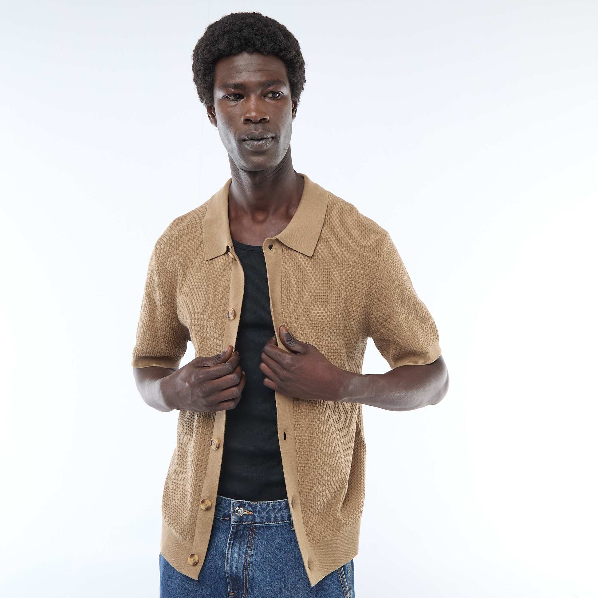 Waffle Knit Polo Shirt KHAKI