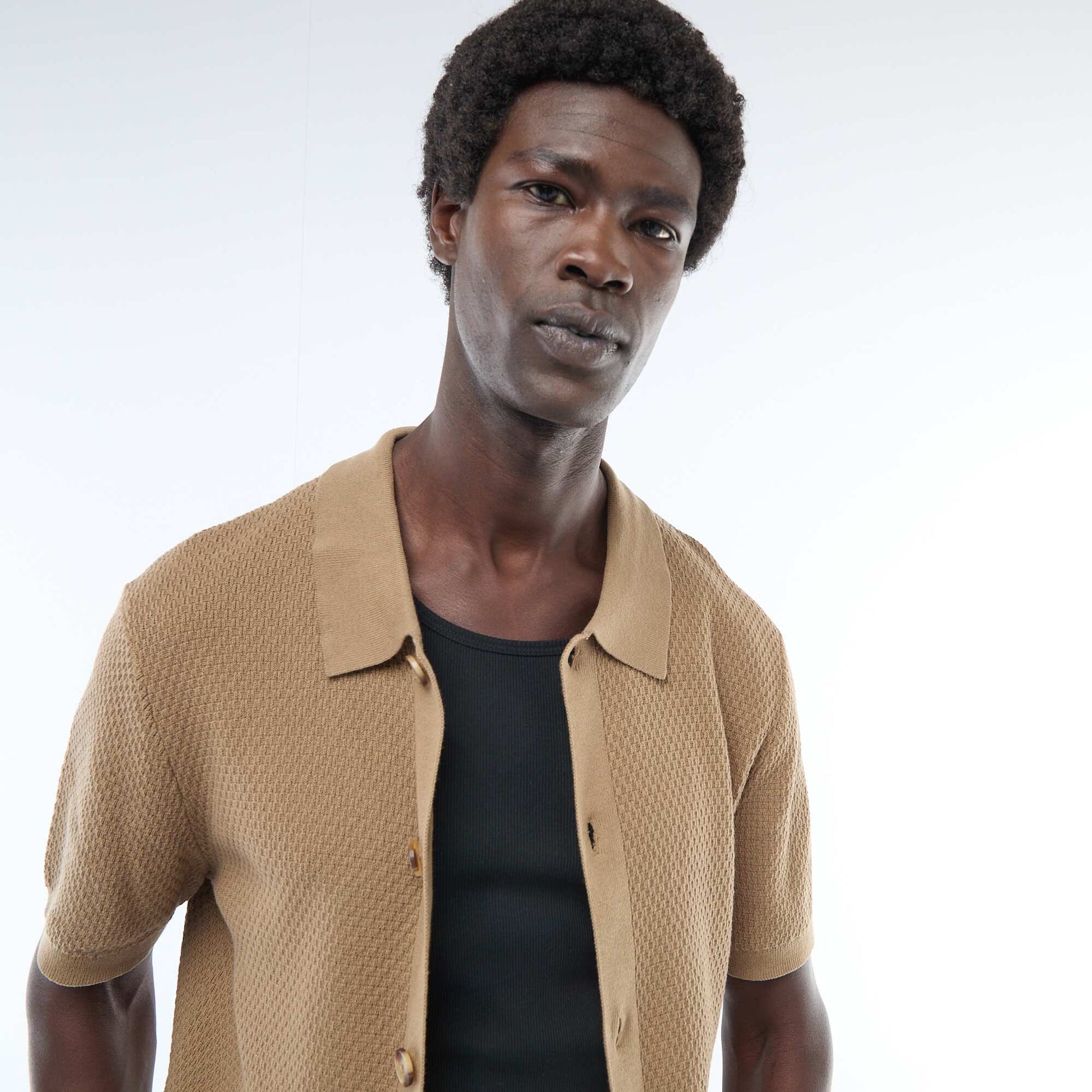 Waffle Knit Polo Shirt KHAKI