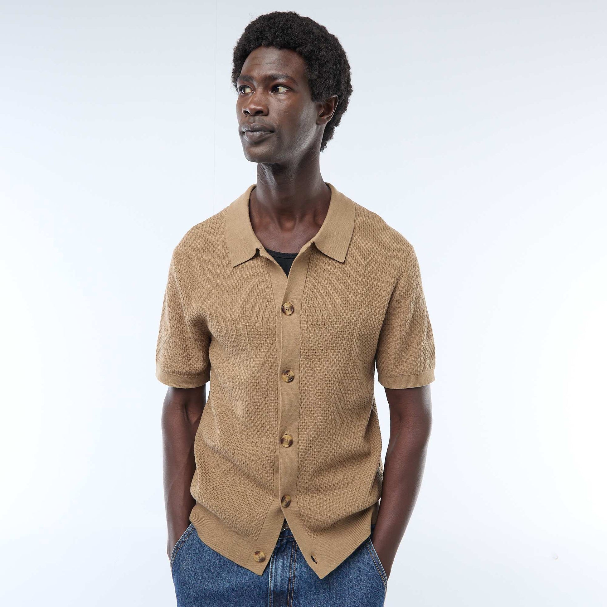 Waffle Knit Polo Shirt KHAKI