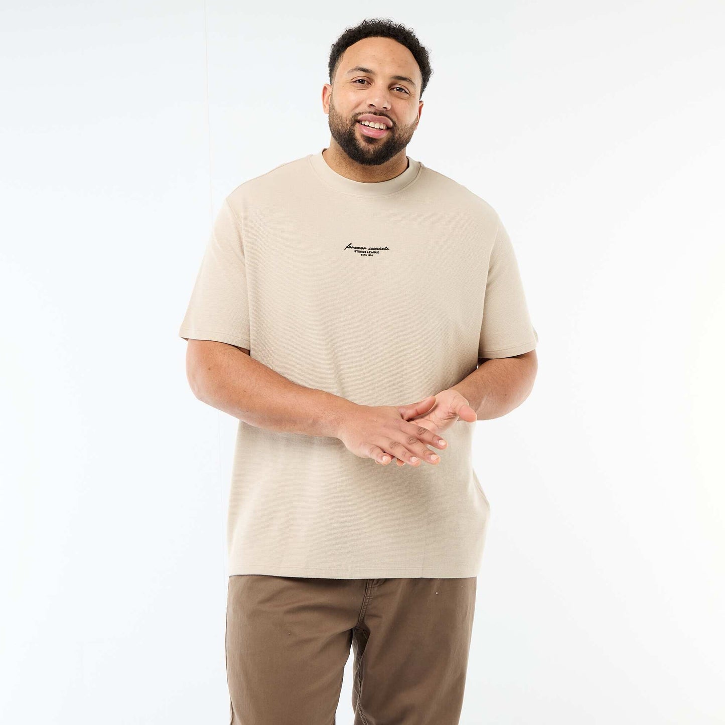 Short-Sleeve Crew Neck Jacquard Cotton T-Shirt BEIGE