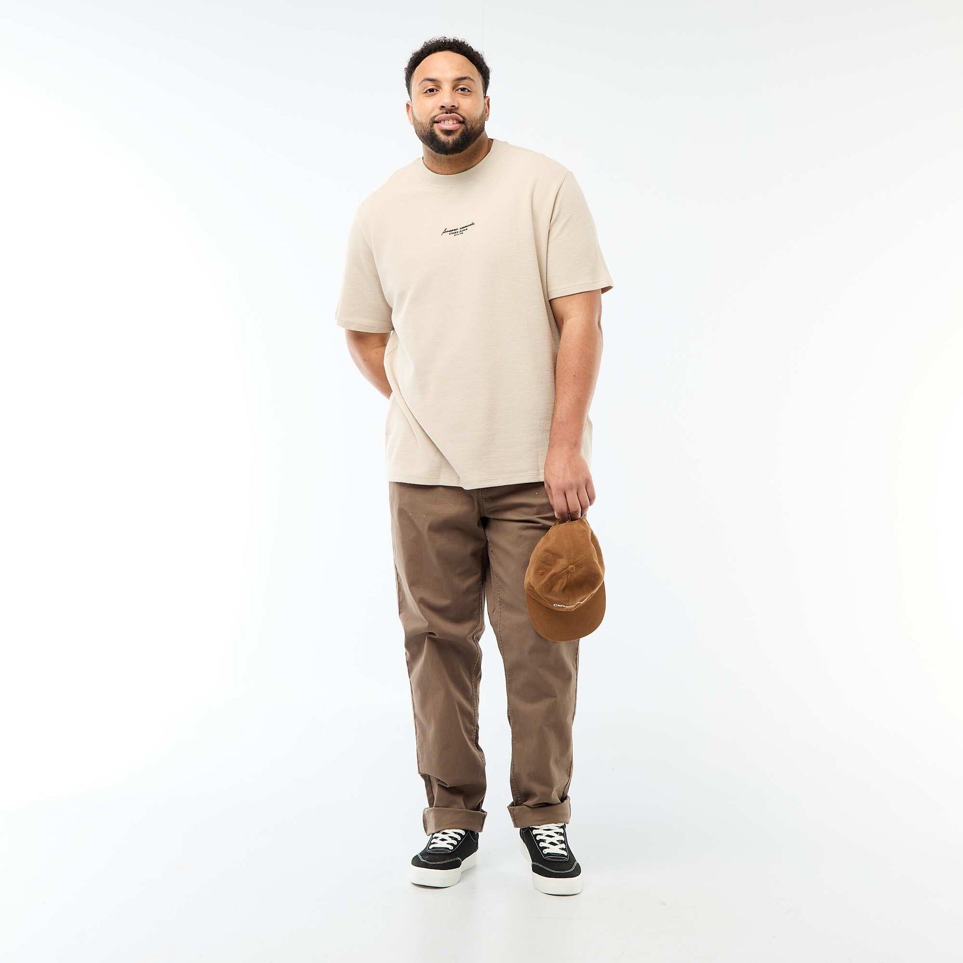 Short-Sleeve Crew Neck Jacquard Cotton T-Shirt BEIGE