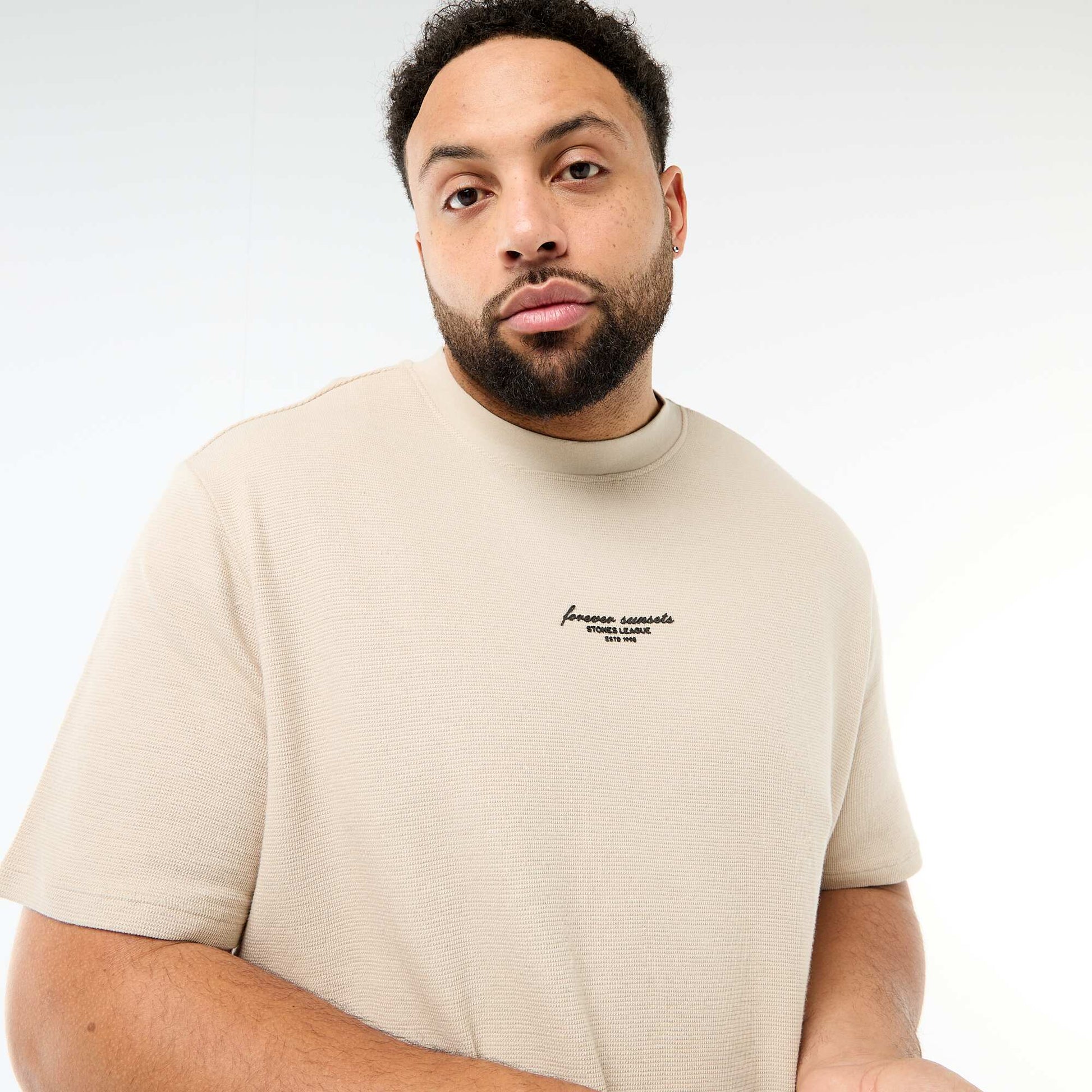 Short-Sleeve Crew Neck Jacquard Cotton T-Shirt BEIGE