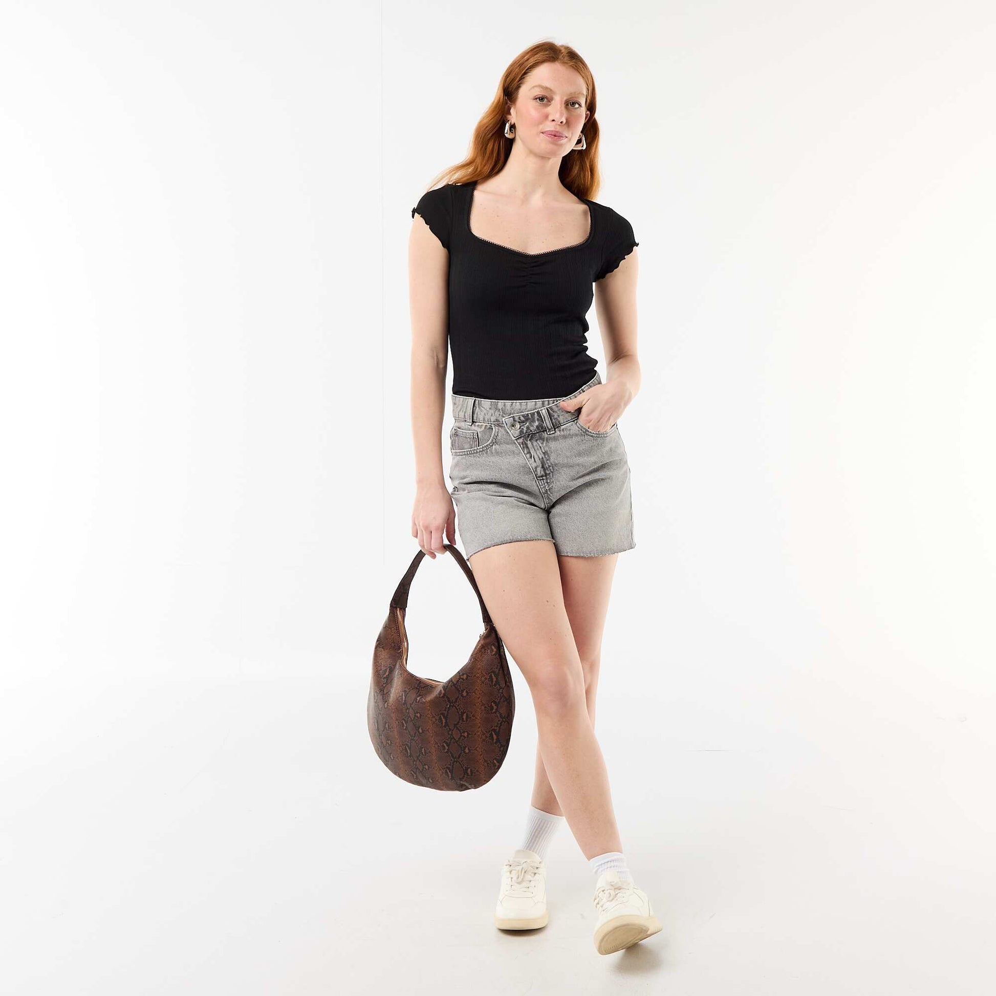 High-Waisted Denim Shorts GREY