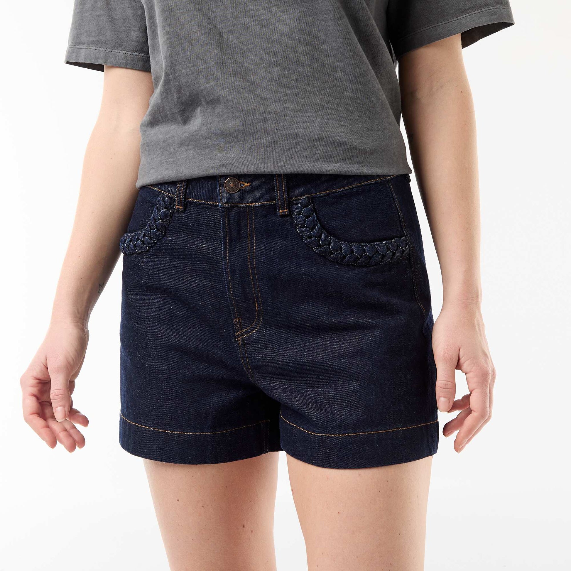 Denim shorts with braided pockets BLUE