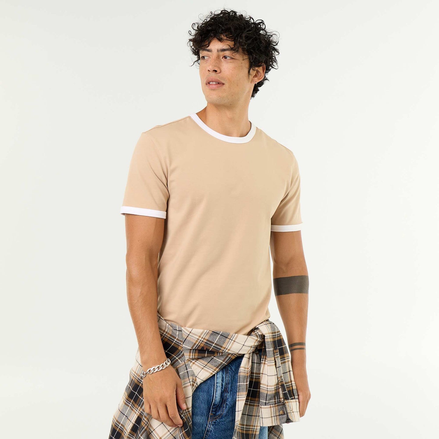 Short-Sleeved T-shirt with Contrasting Trim BEIGE