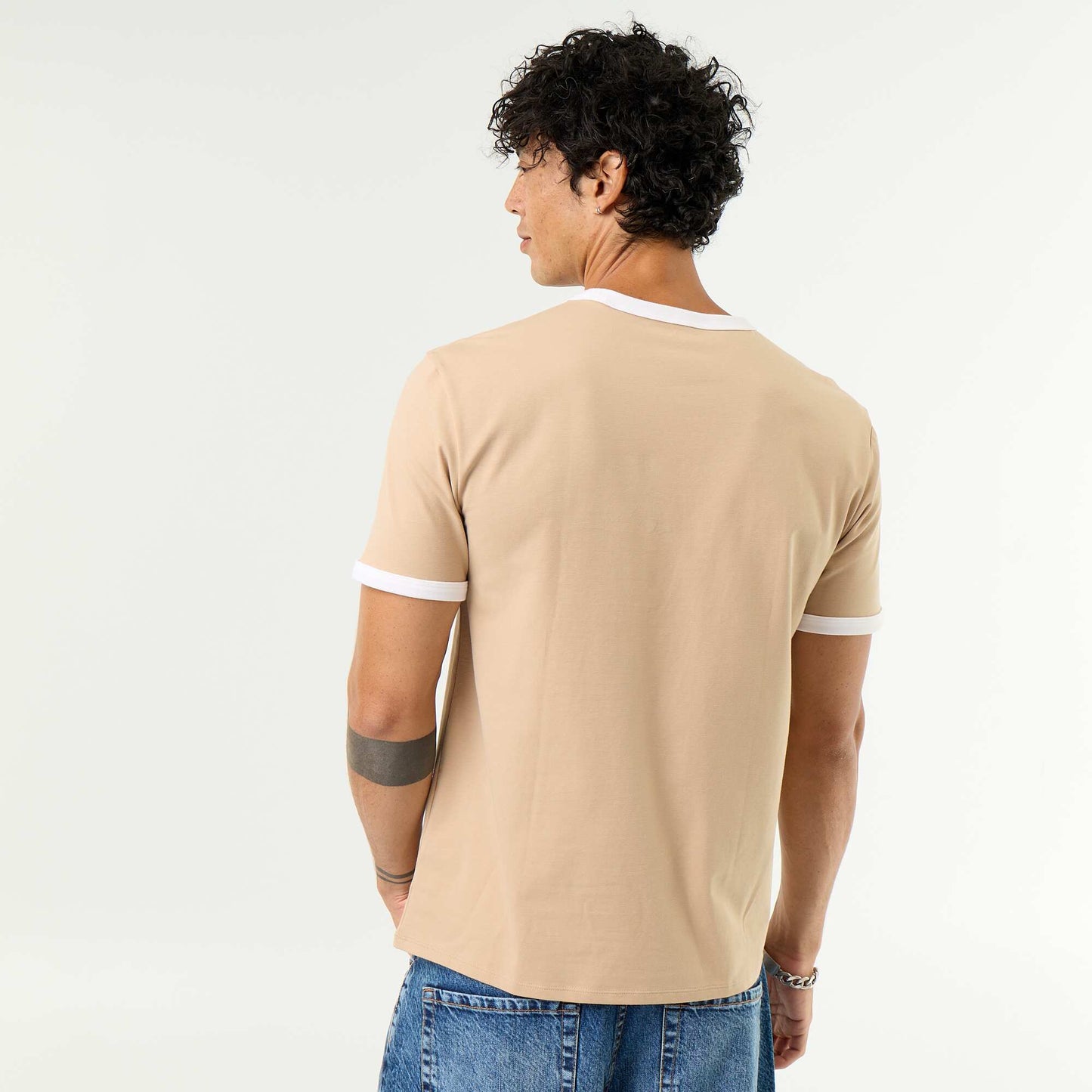 Short-Sleeved T-shirt with Contrasting Trim BEIGE