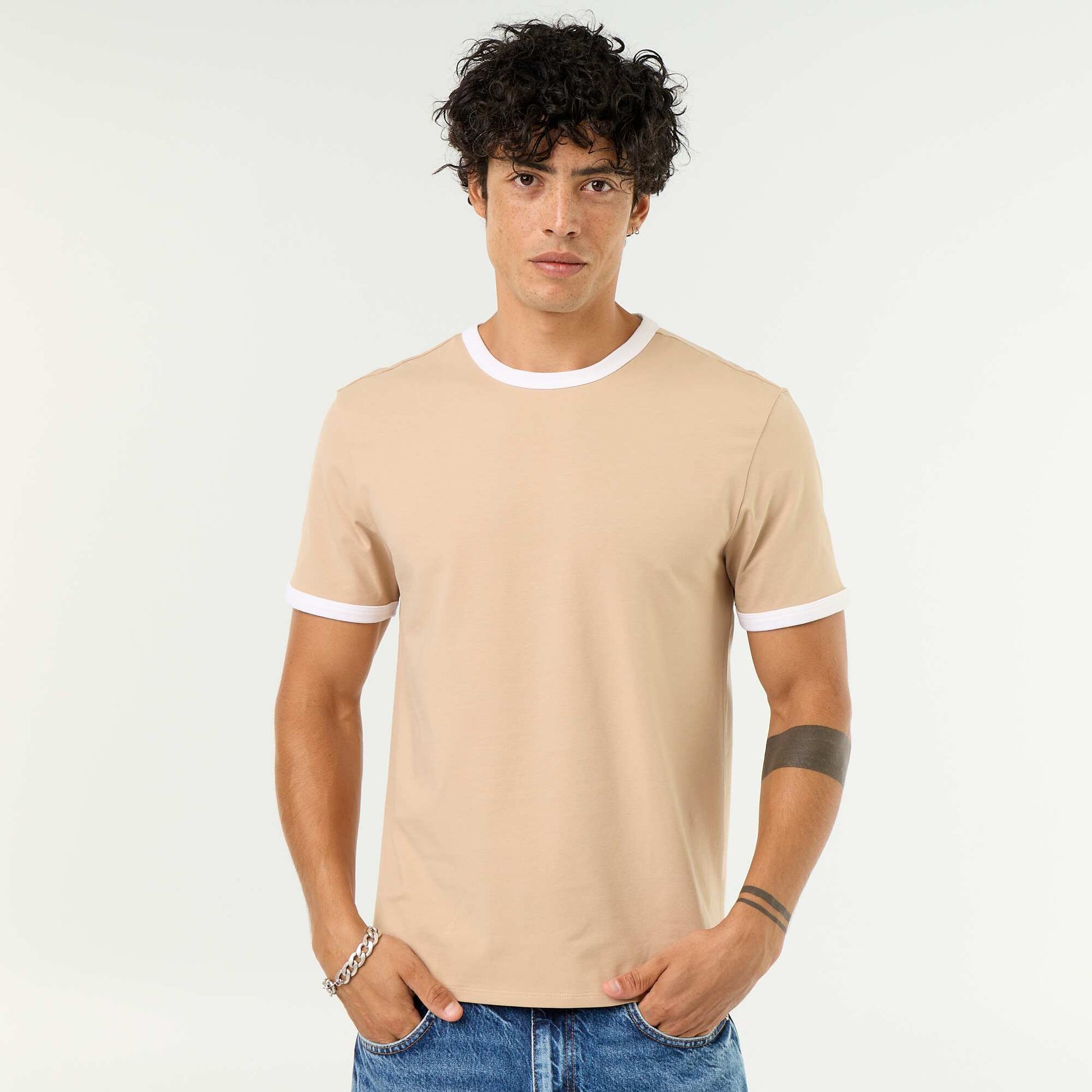 Short-Sleeved T-shirt with Contrasting Trim BEIGE