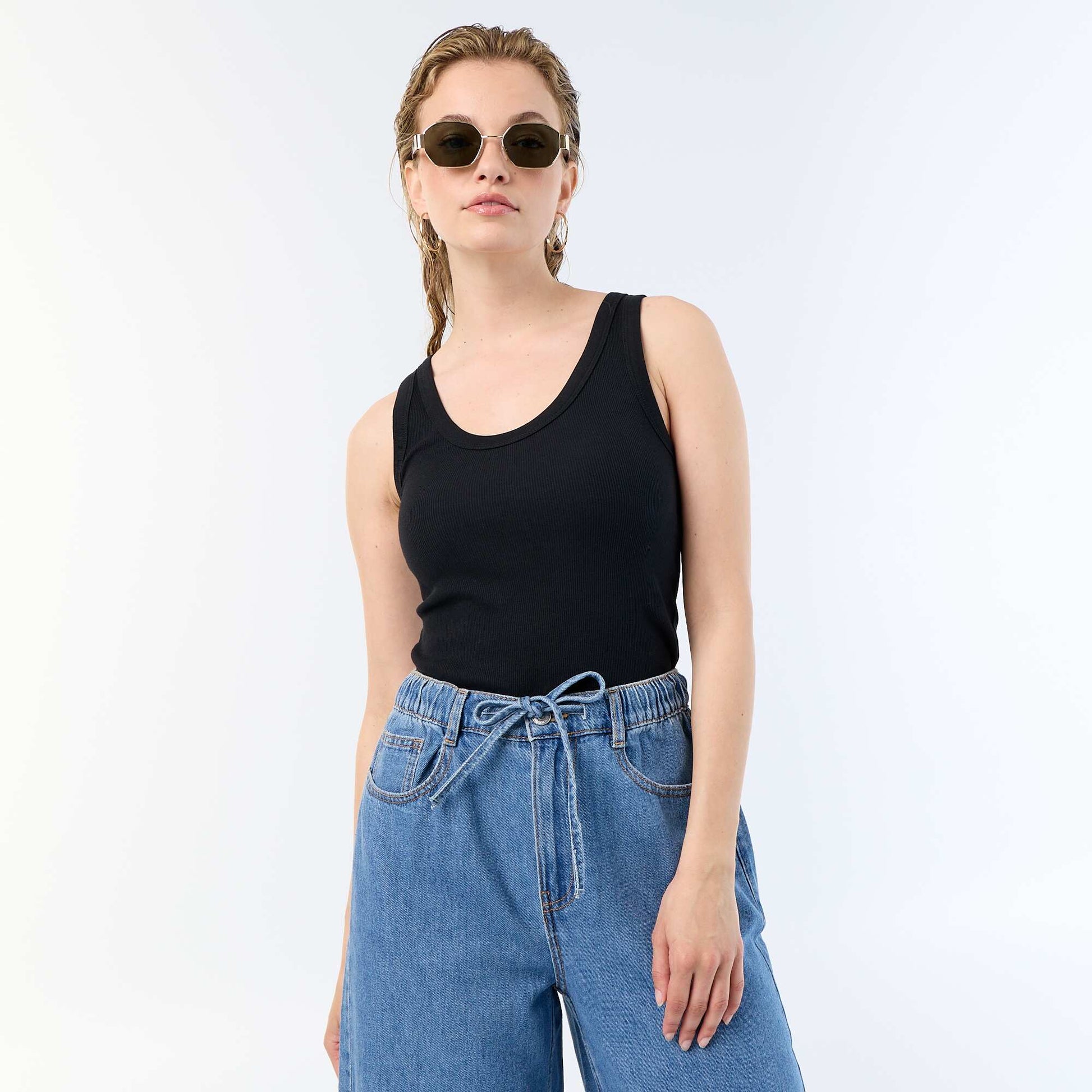Ribbed basic tank top BLACK