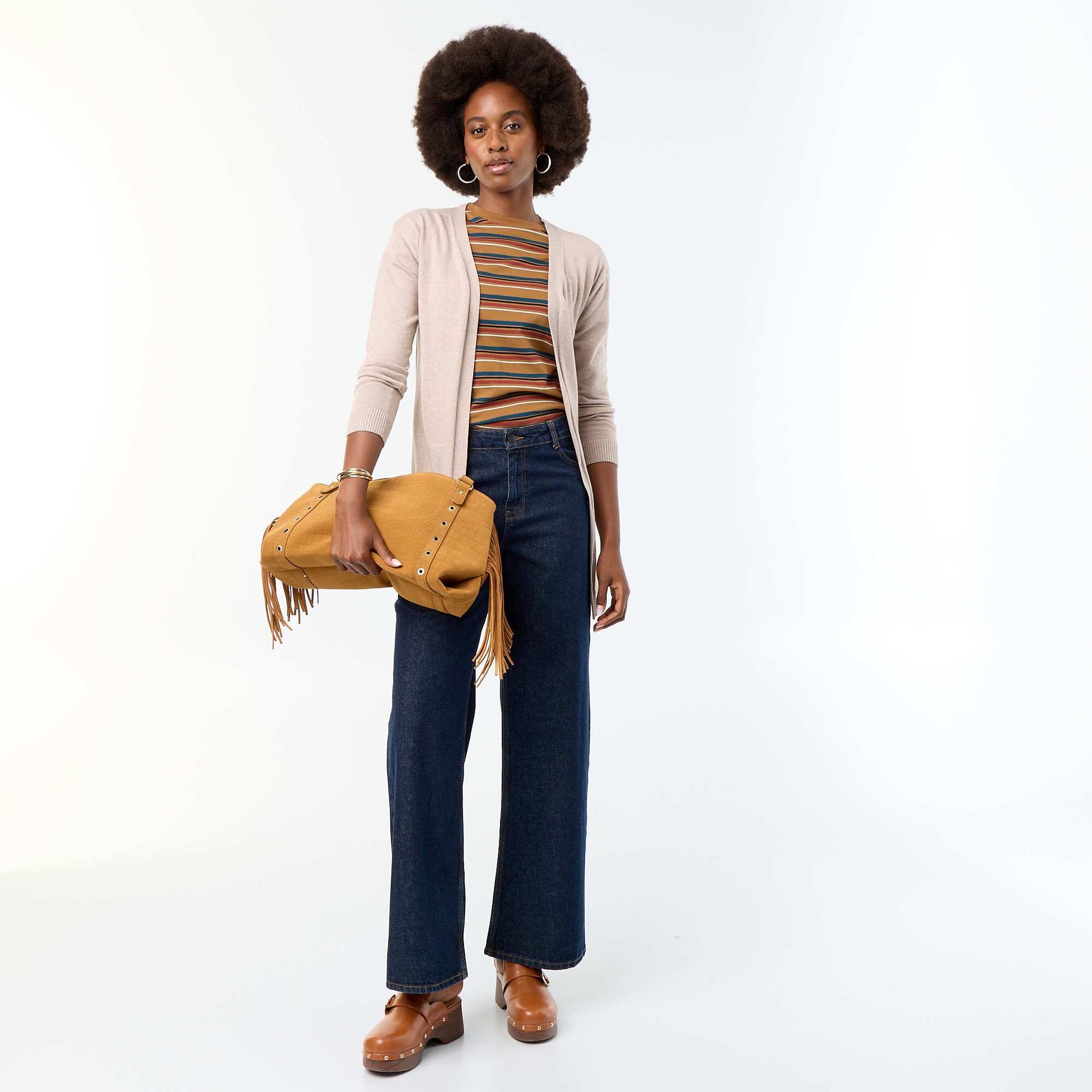 Fine-gauge open knit short cardigan BEIGE