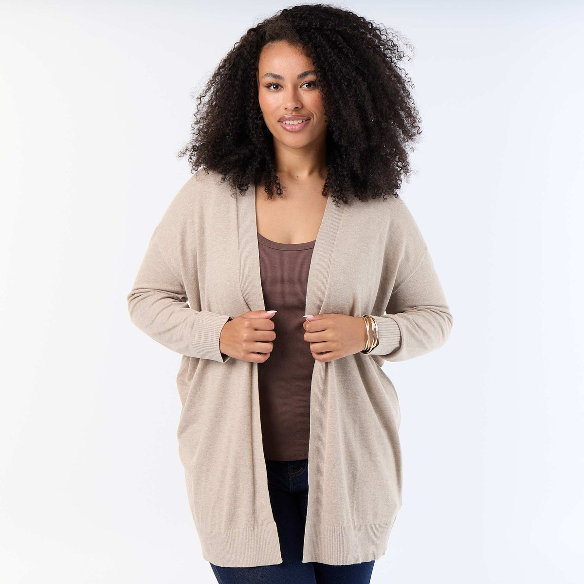 Long Open Fine-Gauge Knit Cardigan BEIGE