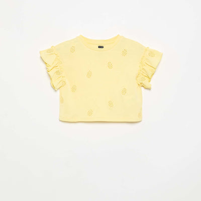 Cropped T-shirt with Eyelet Embroidery YELLOW