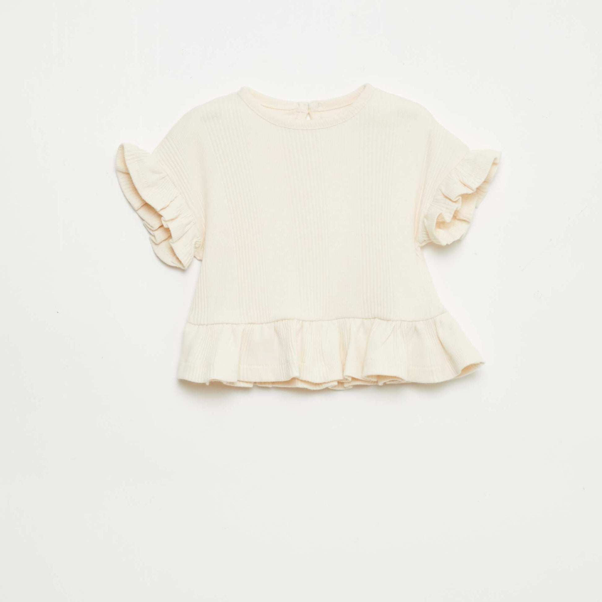 Ribbed T-shirt with ruffled edges BEIGE