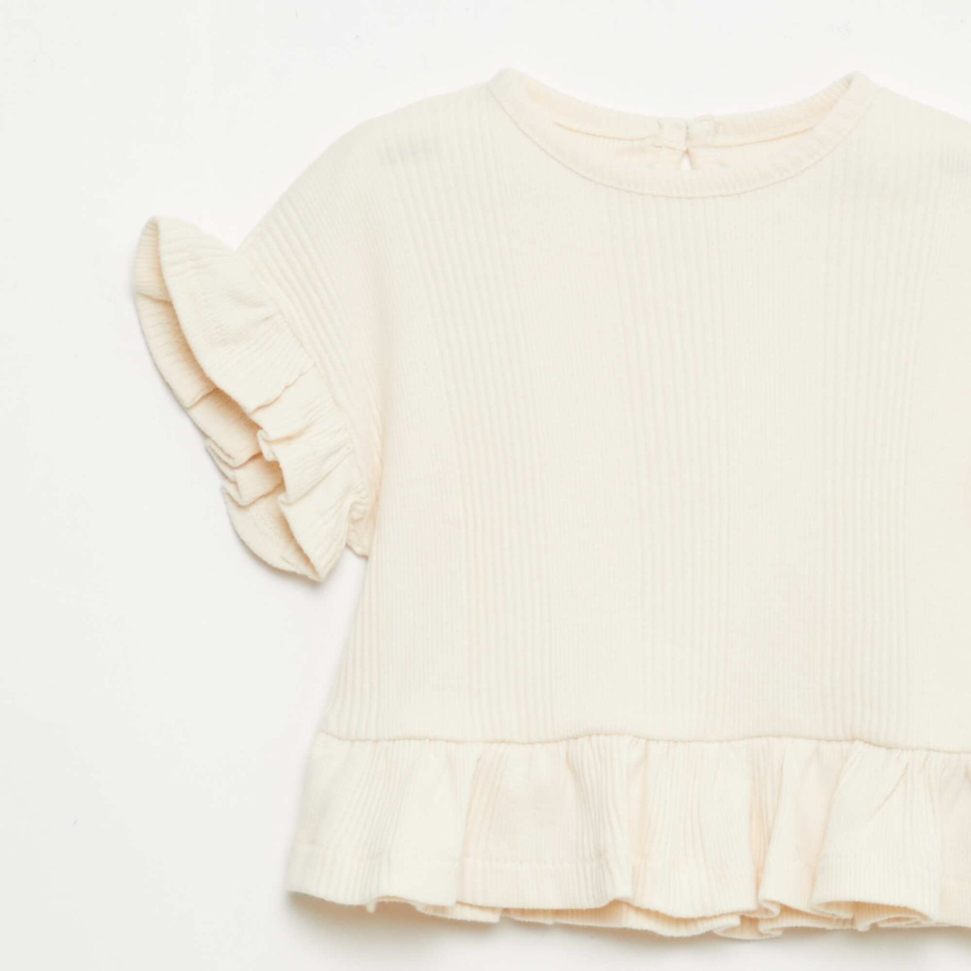Ribbed T-shirt with ruffled edges BEIGE