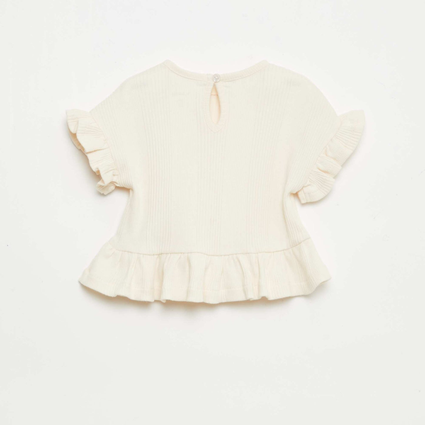 Ribbed T-shirt with ruffled edges BEIGE