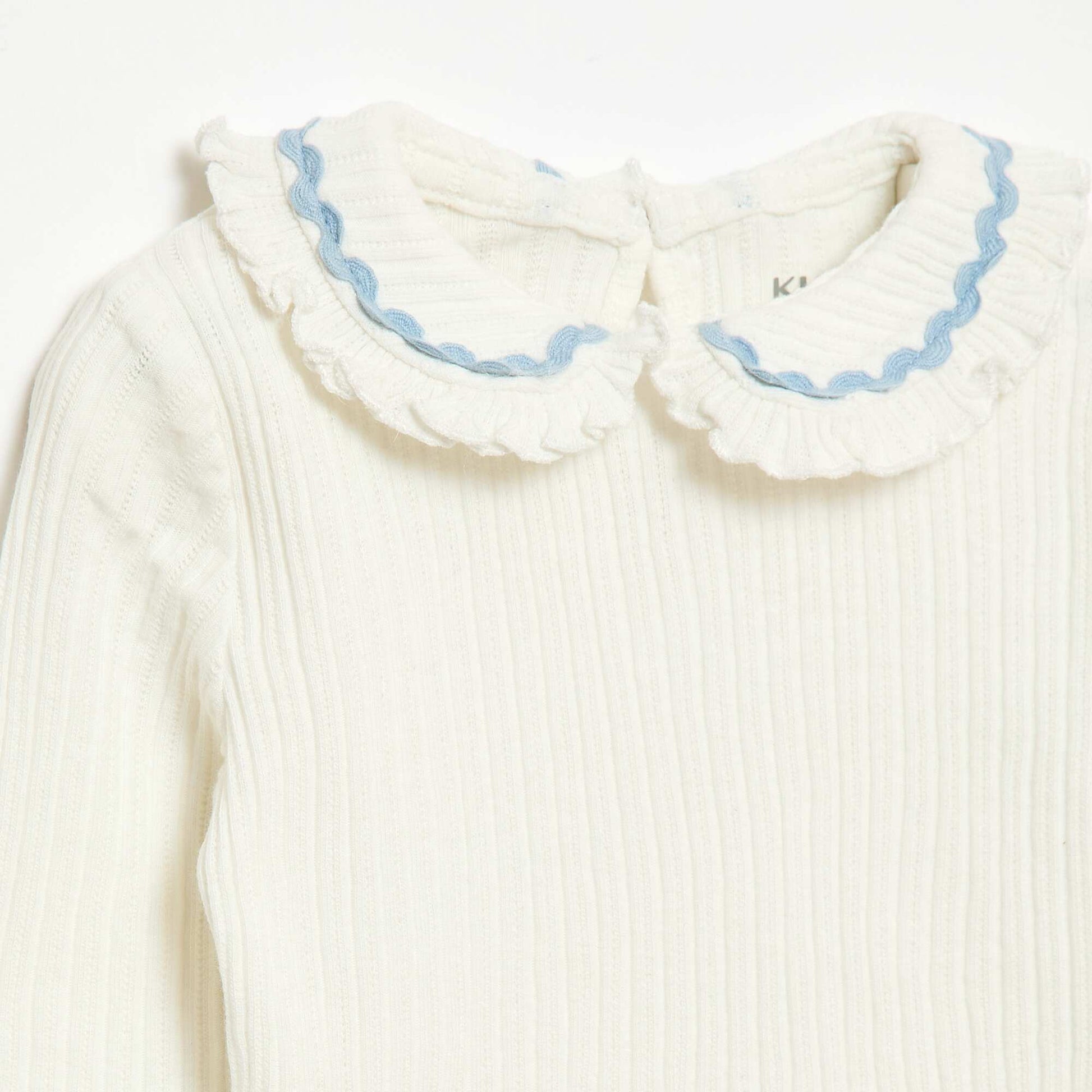 Ribbed Knit T-shirt with Peter Pan Collar and Colored Trim WHITE