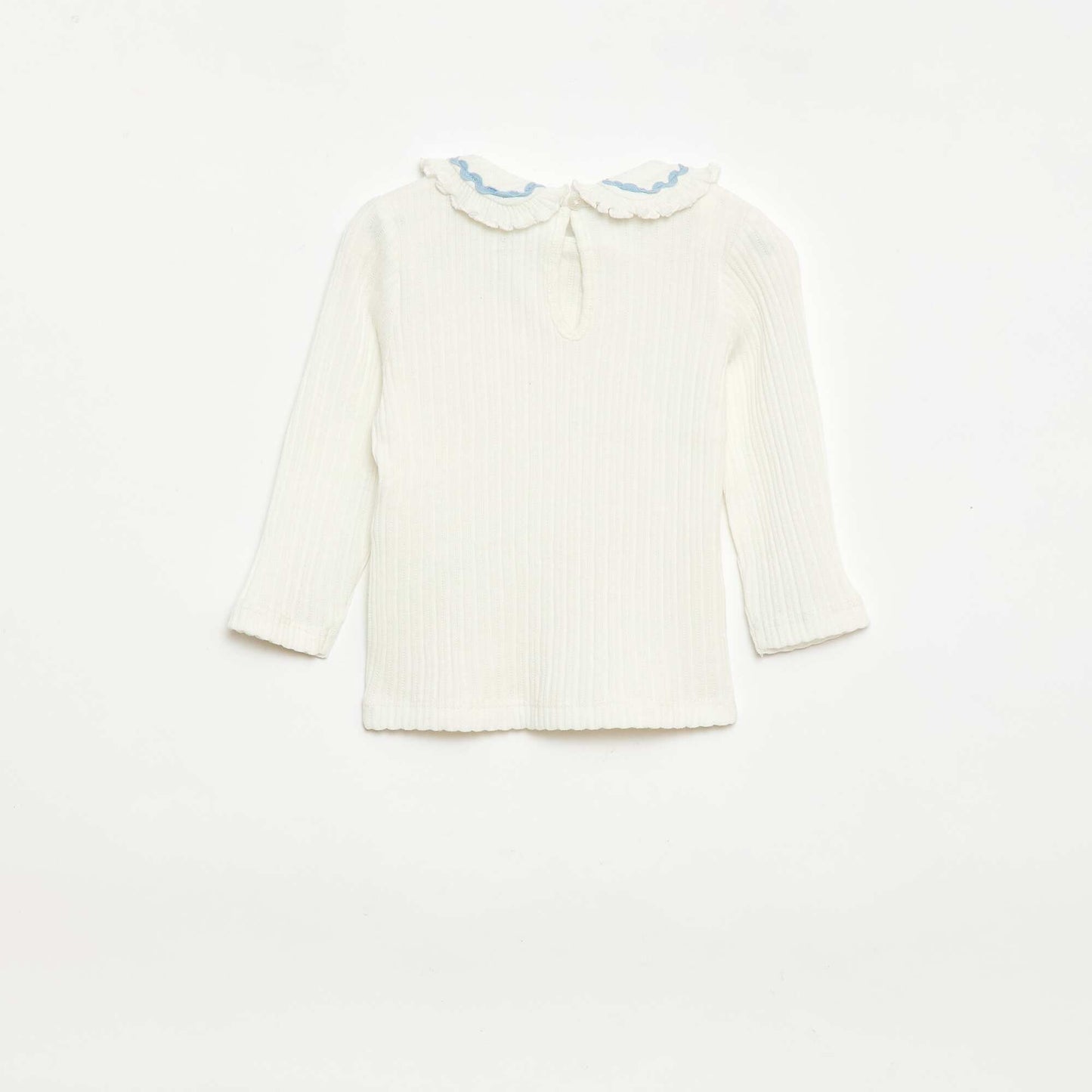 Ribbed Knit T-shirt with Peter Pan Collar and Colored Trim WHITE