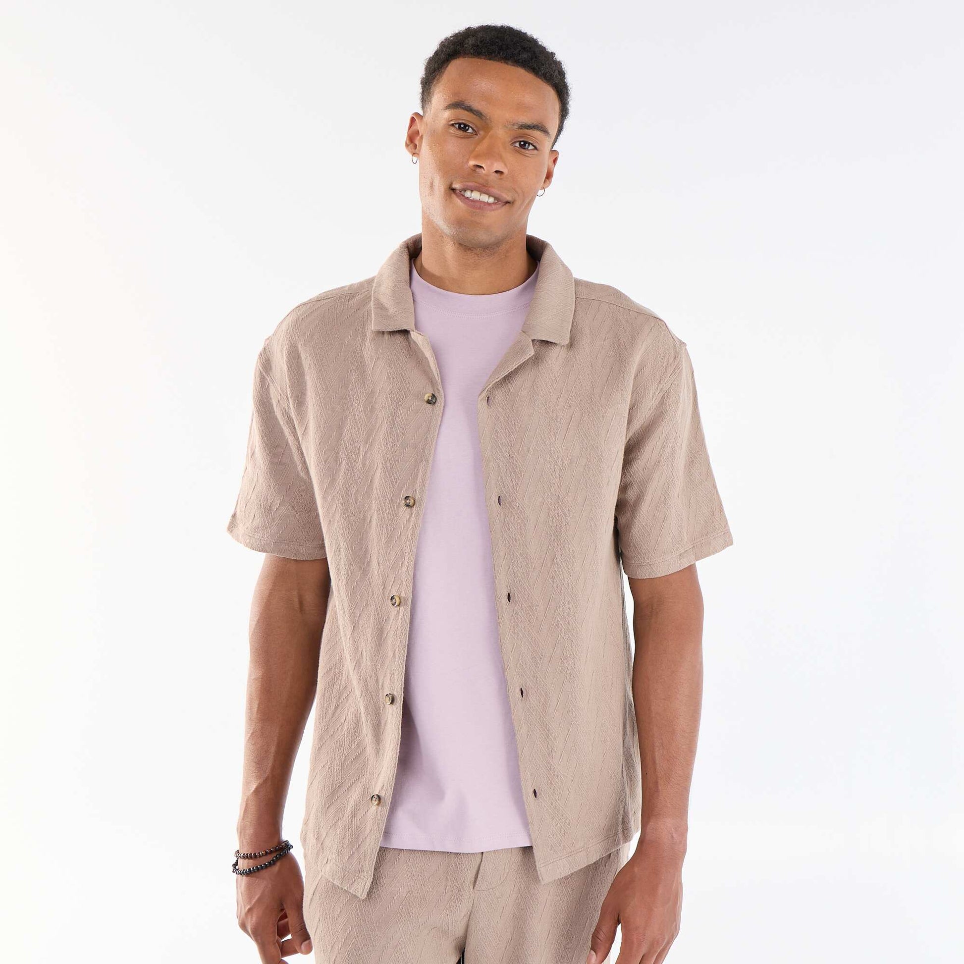 Jacquard Knit Short-Sleeve Shirt BEIGE