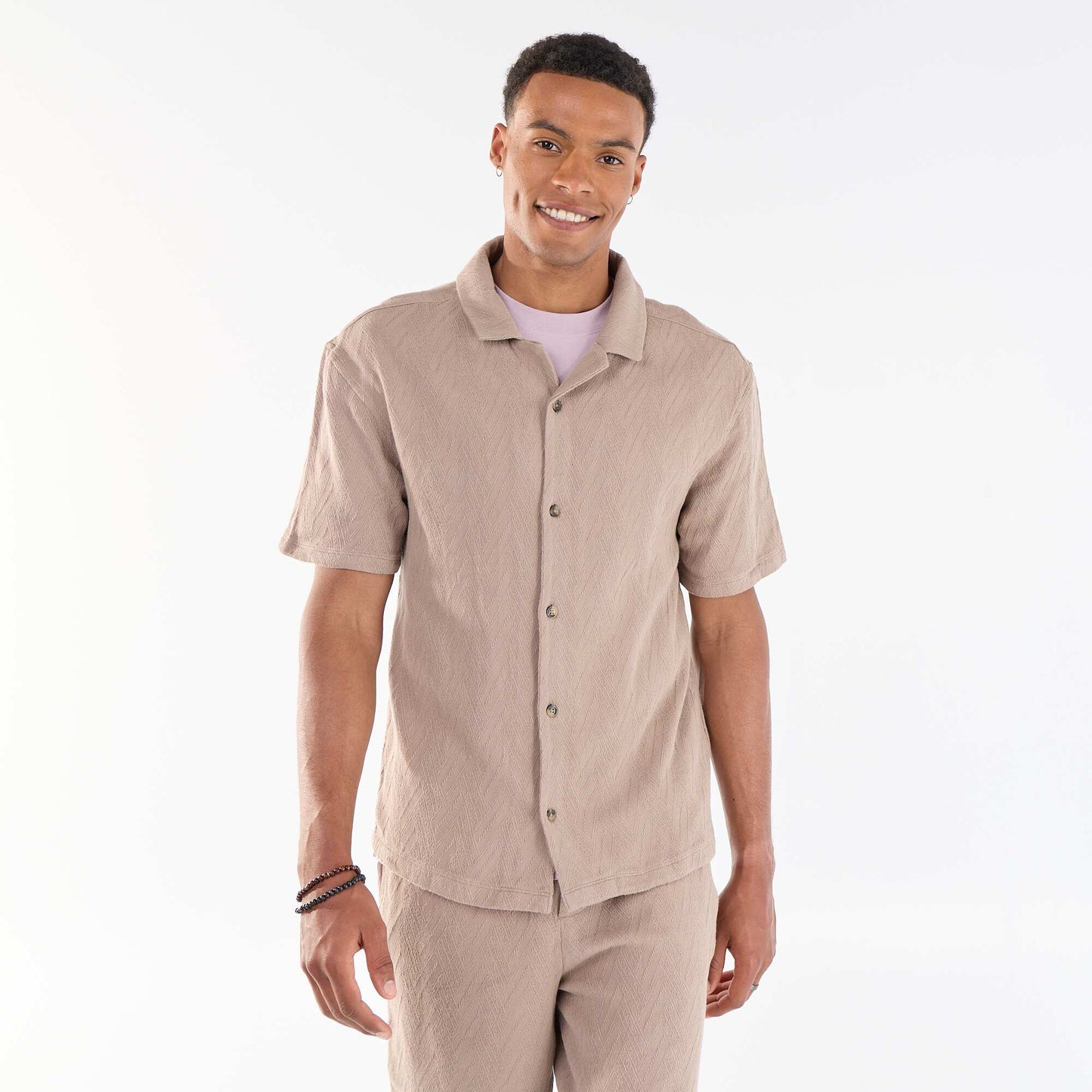 Jacquard Knit Short-Sleeve Shirt BEIGE