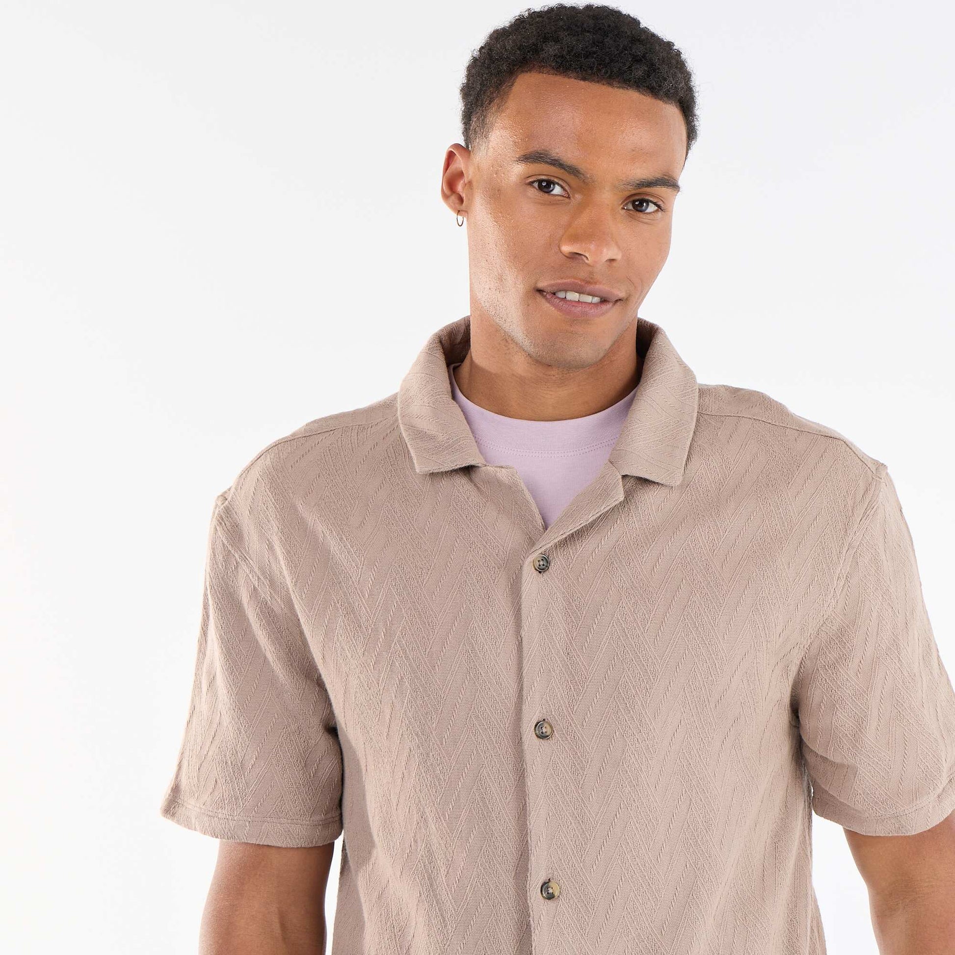 Jacquard Knit Short-Sleeve Shirt BEIGE