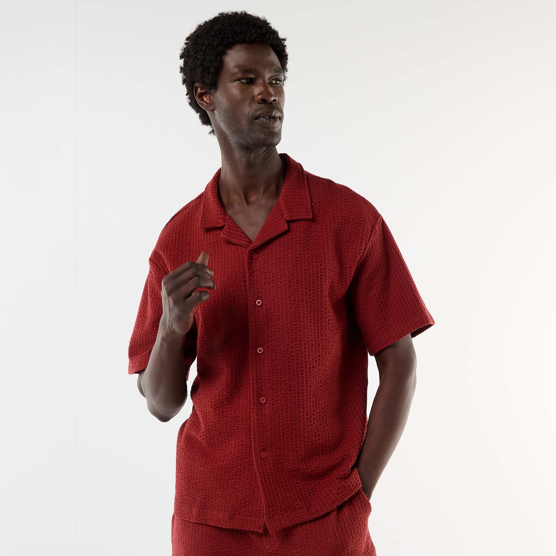 Waffle Knit Short-Sleeve Shirt RED