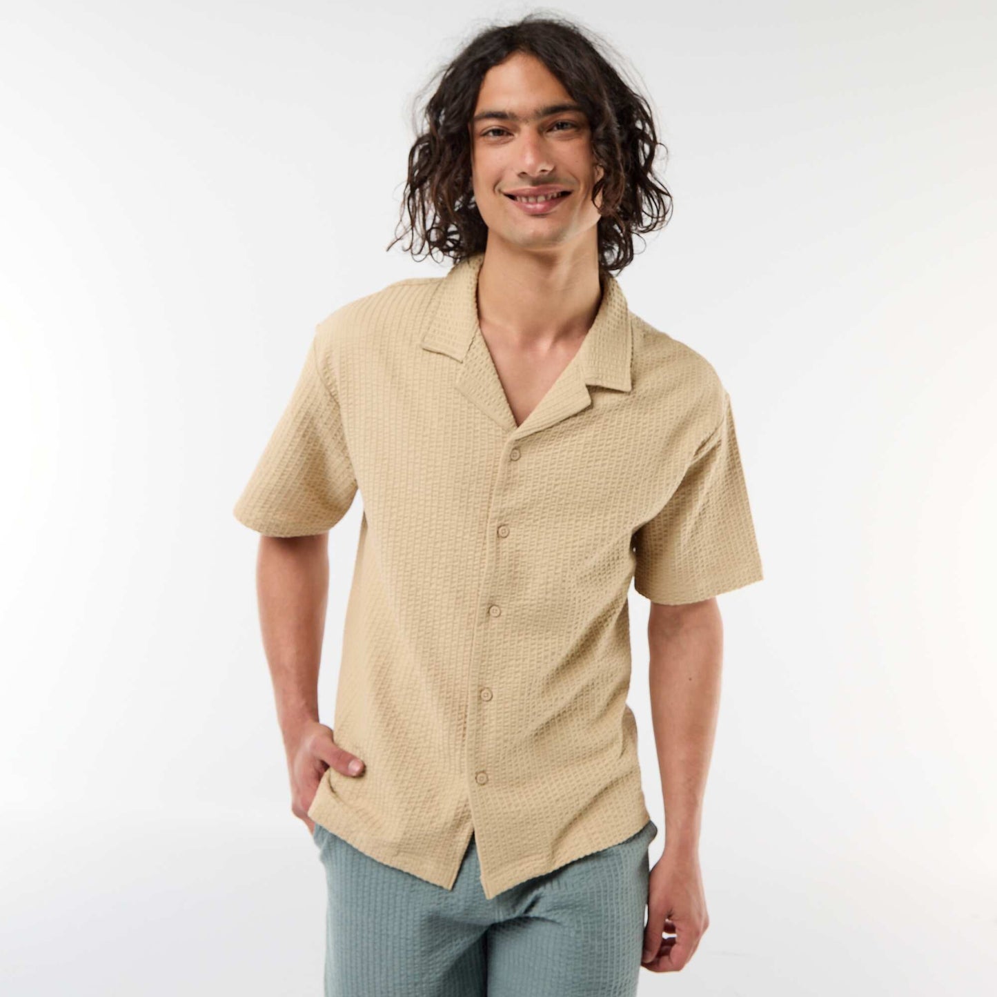 Waffle Knit Short-Sleeve Shirt BEIGE