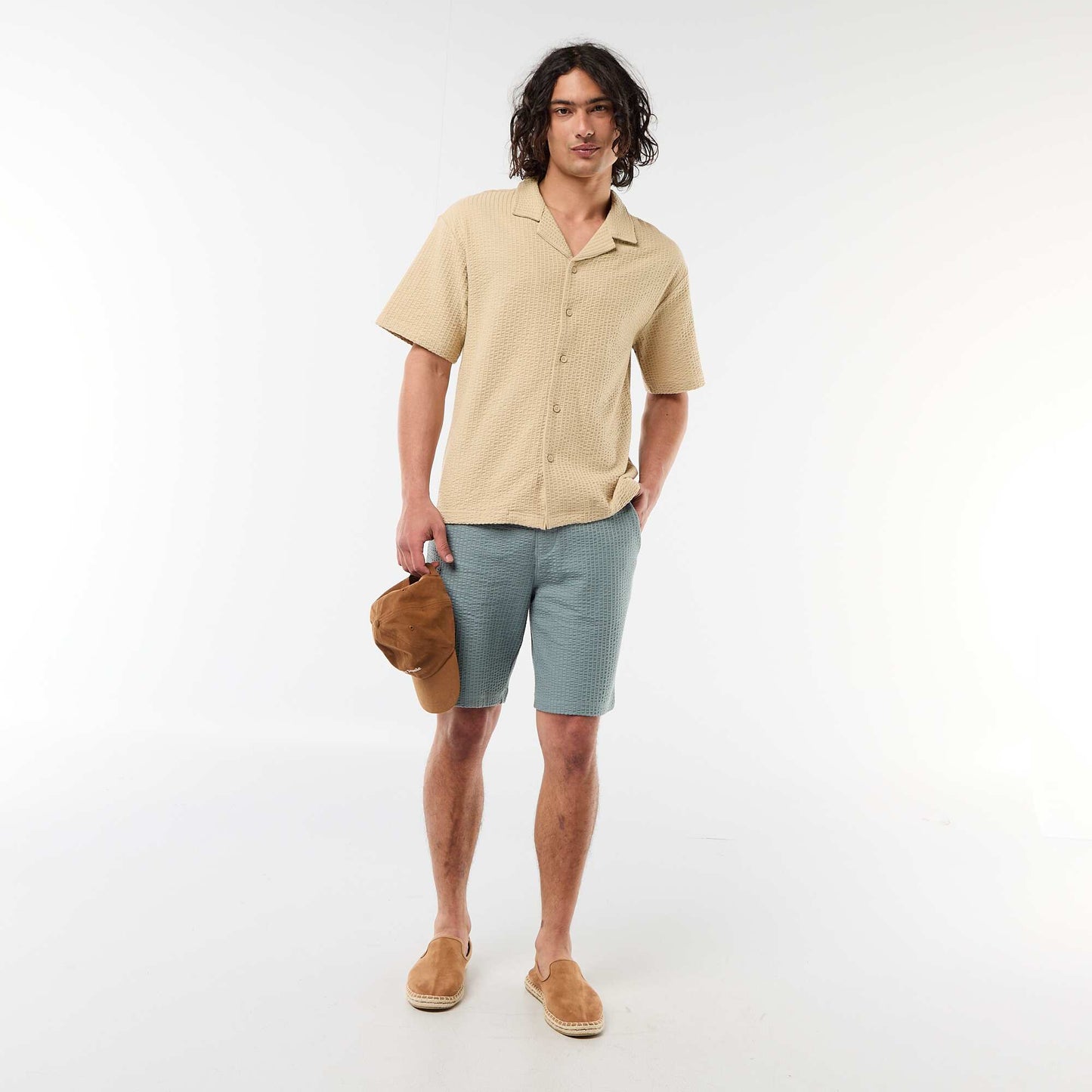 Waffle Knit Short-Sleeve Shirt BEIGE