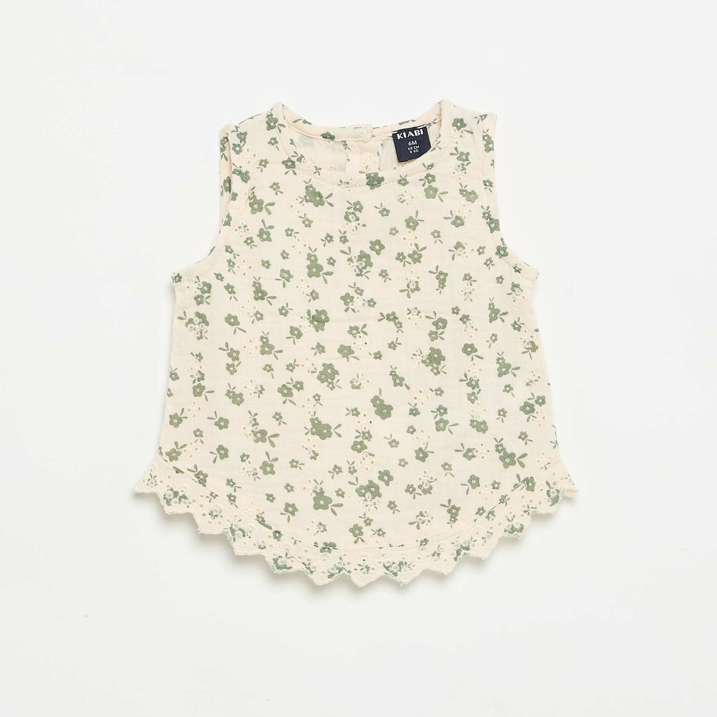 Sleeveless Cotton Gauze Blouse with Broderie Anglaise BEIGE