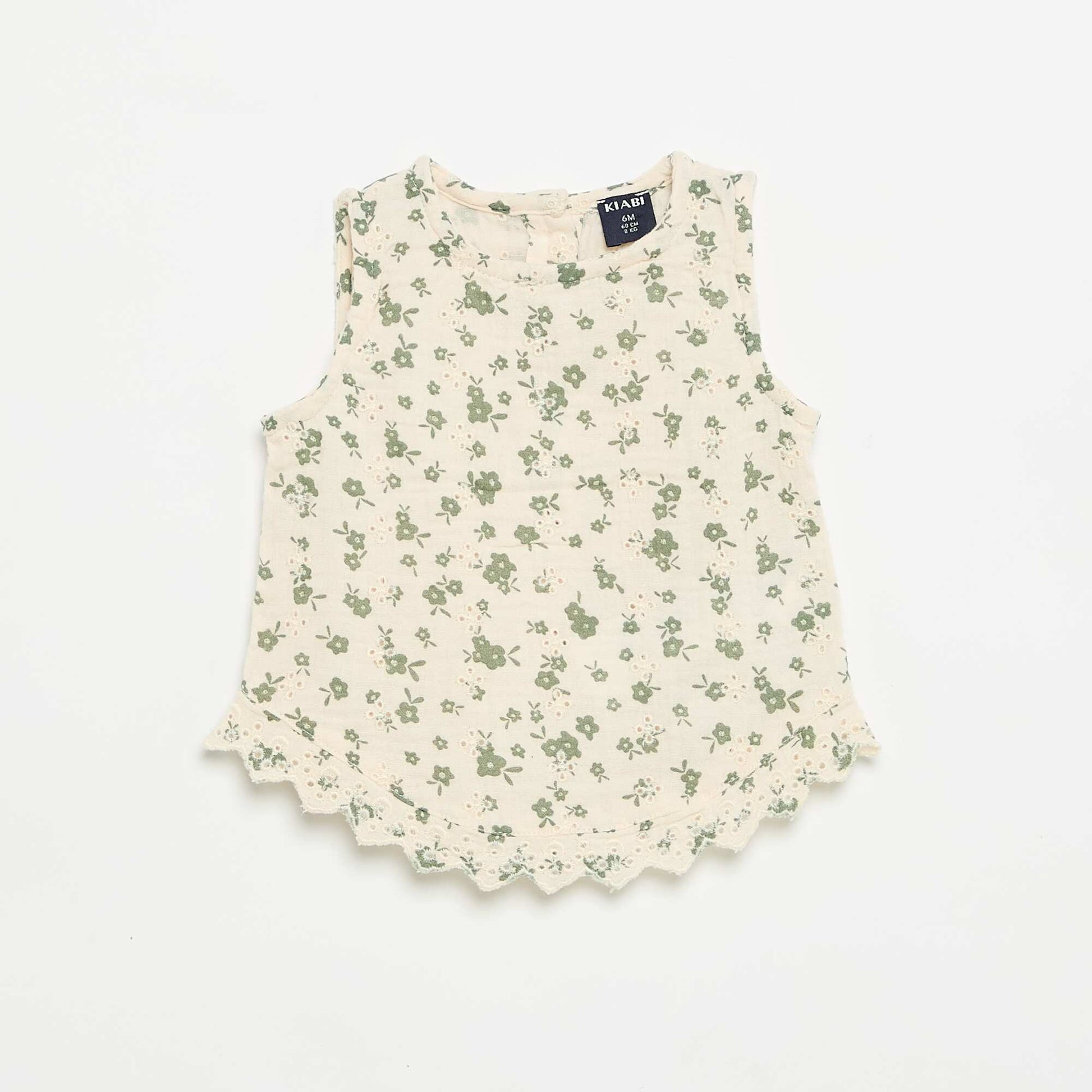 Sleeveless Cotton Gauze Blouse with Broderie Anglaise BEIGE