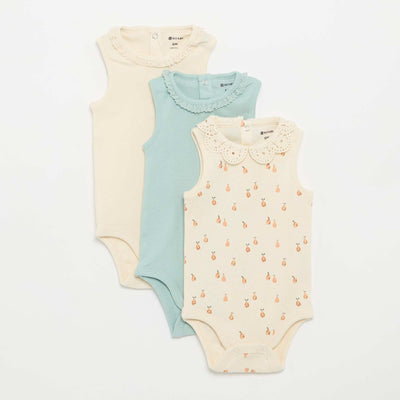 Set of 3 Embroidered Round-Neck Bodysuits BEIGE