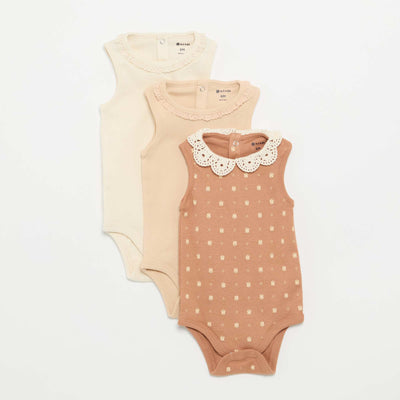 Set of 3 Embroidered Round-Neck Bodysuits BEIGE