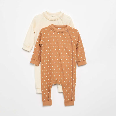 Set of 2 Thick Pointelle Knit Sleepsuits BEIGE