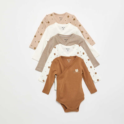 Pack of 5 Printed Cotton Bodysuits BROWN