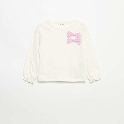 Long-sleeved Striped T-shirt with Decorative Bows WHITE