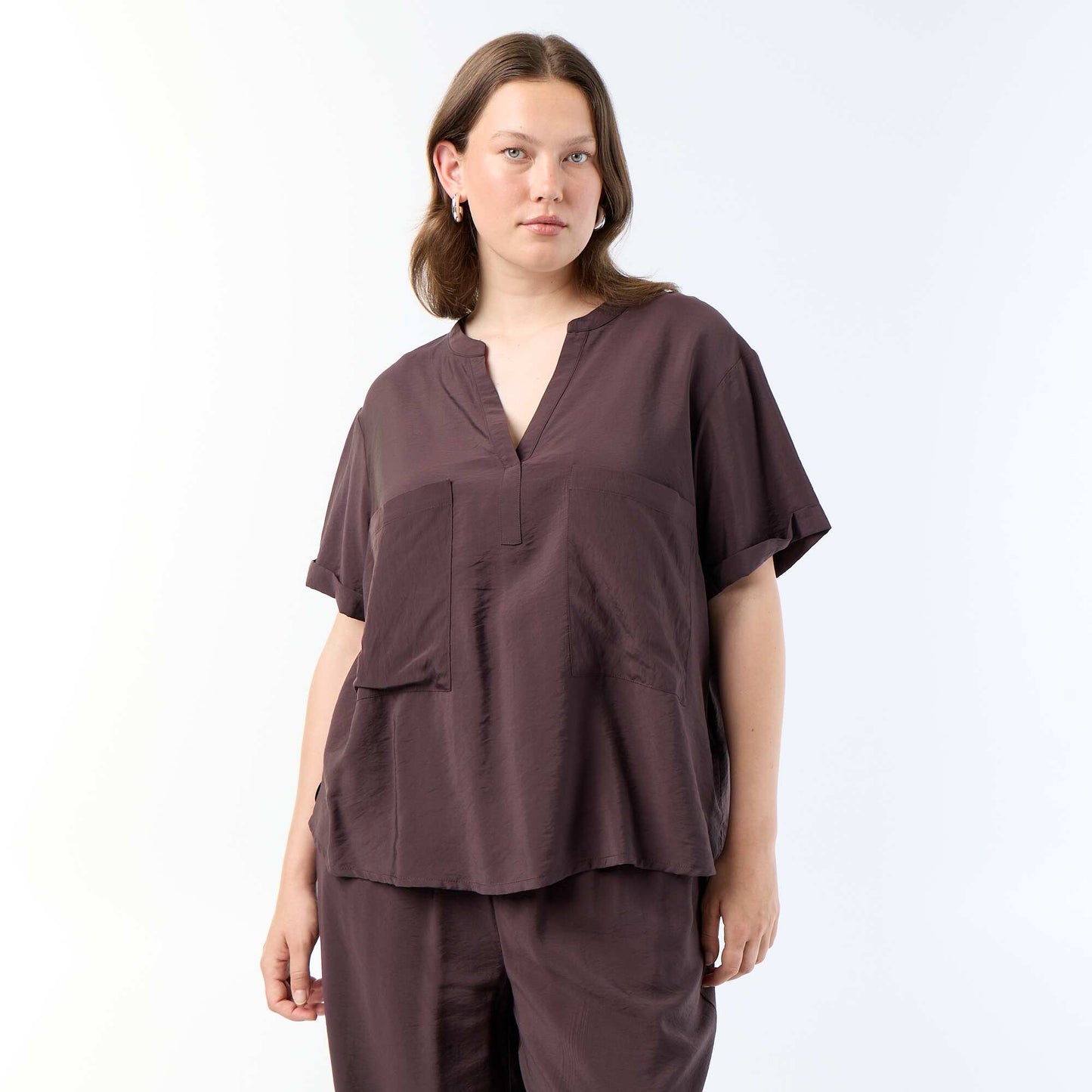 Fluid viscose caftan blouse BROWN