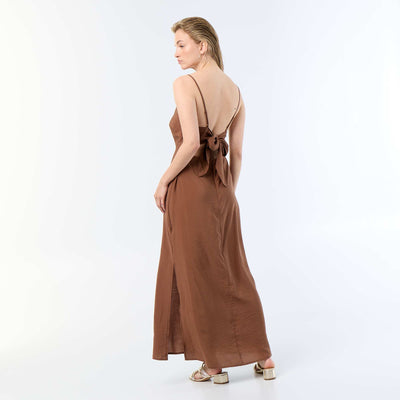 Long satin-effect dress with thin straps BROWN